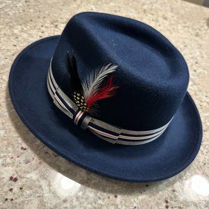 Belfry Gangster 100% Wool Crushable Dress Fedora in Navy Blue with Gray Stripe